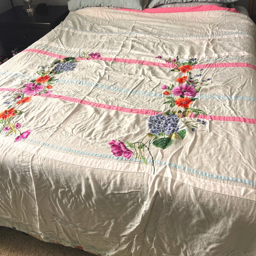 Urban Outfitters Linen Blend Floral Embroidery Duvet Cover Full Mint Pink Poppy